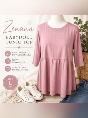Zenana Women’s Dusty Rose Babydoll Tunic Top Size L Soft Cotton Flowy